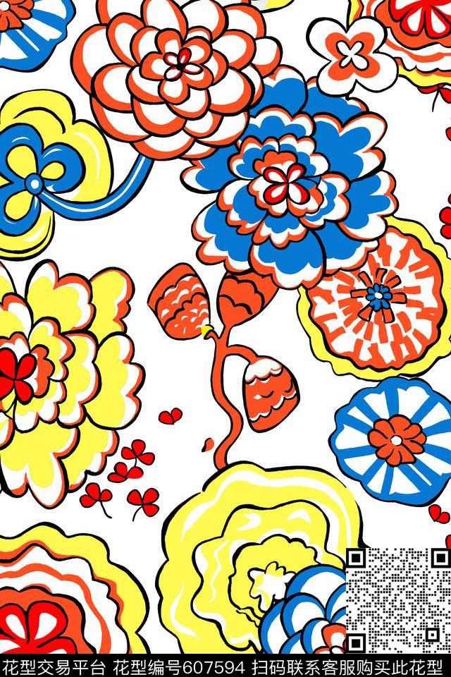花卉传统花型传统印花花型下载（图片编号: 607594） - 瓦栏（Walan）
