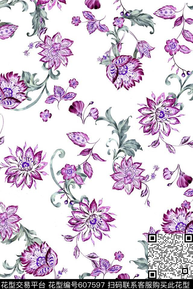花卉传统印花花型下载（图片编号: 607597） - 瓦栏（Walan）