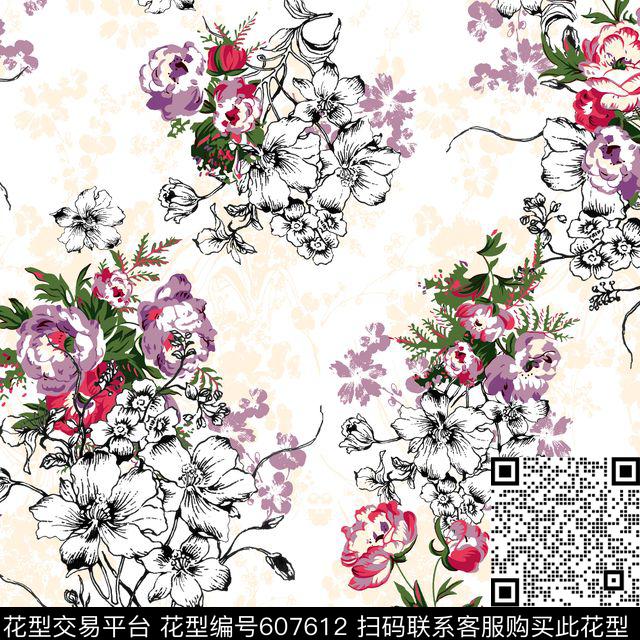 花卉数码印花花型下载（图片编号: 607612） - 瓦栏（Walan）