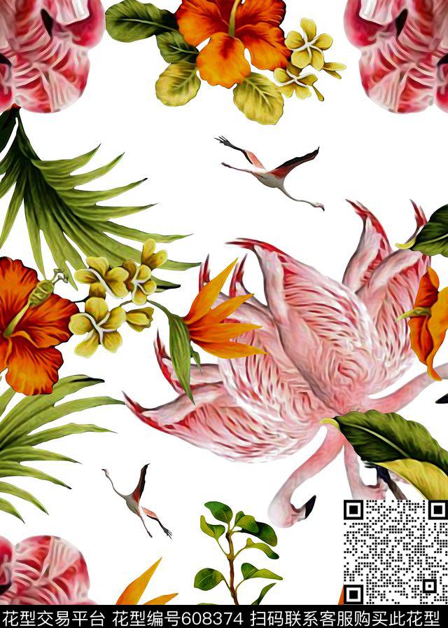 YD00006003A.jpg - 608374 - 火烈鸟组合 热带植物 花鸟 - 数码印花花型 － 女装花型设计 － 瓦栏