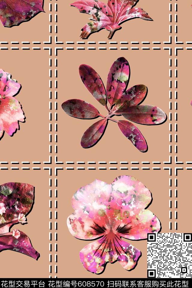 花卉、树叶、抽象叠加、虚线分割数码印花花型下载（图片编号: 608570） - 瓦栏（Walan）
