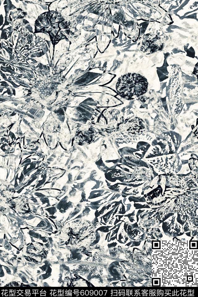 花卉乱花线条传统印花花型下载（图片编号: 609007） - 瓦栏（Walan）