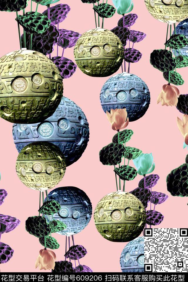 中国风荷花青铜数码印花花型下载（图片编号: 609206） - 瓦栏（Walan）