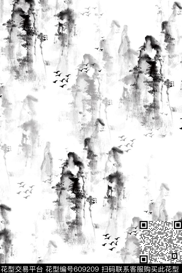 中国风水墨山水数码印花花型下载（图片编号: 609209） - 瓦栏（Walan）