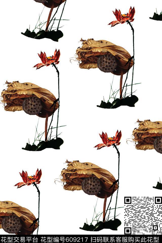 水彩水墨荷花数码印花花型下载（图片编号: 609217） - 瓦栏（Walan）