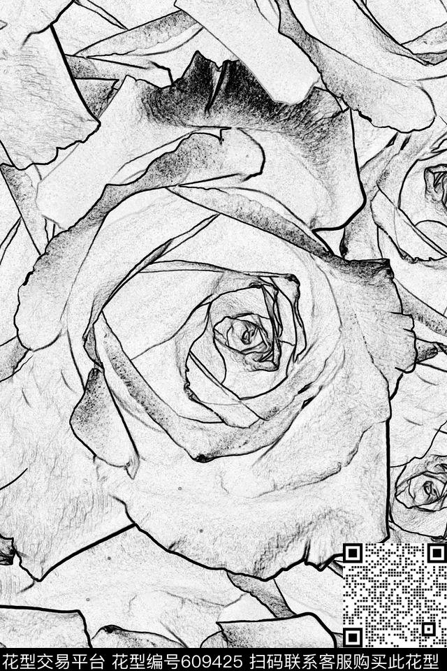 花卉潮流时尚线条数码印花花型下载（图片编号: 609425） - 瓦栏（Walan）