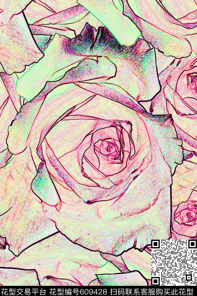 花卉潮流时尚线条数码印花花型下载（图片编号: 609428） - 瓦栏（Walan）