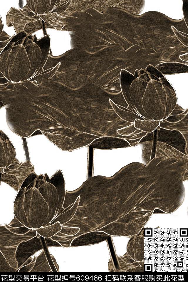 花卉潮流时尚荷花传统印花花型下载（图片编号: 609466） - 瓦栏（Walan）