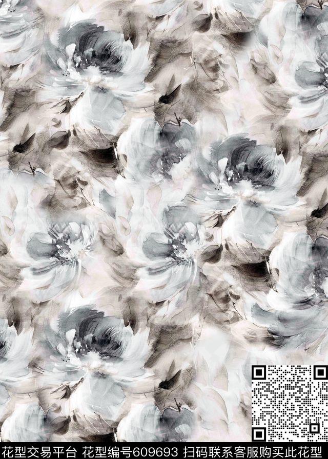 玫瑰牡丹水墨数码印花花型下载（图片编号: 609693） - 瓦栏（Walan）
