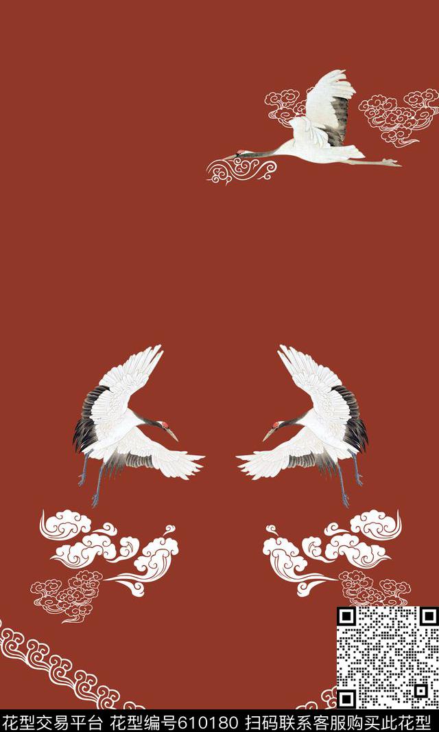 仙鹤祥云中国风数码印花花型下载（图片编号: 610180） - 瓦栏（Walan）