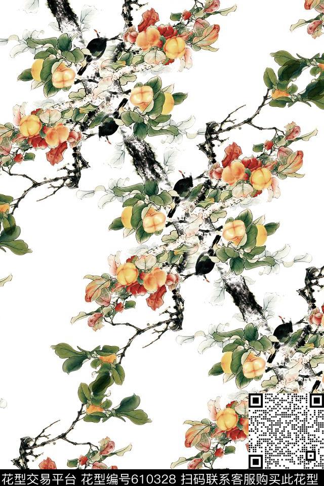 水墨树枝梨花数码印花花型下载（图片编号: 610328） - 瓦栏（Walan）