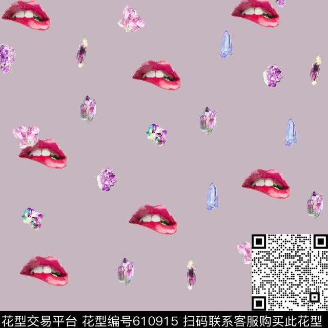 宝石红唇.jpg - 610915 - 时尚水墨画宝石 红唇 - 数码印花花型 － 女装花型设计 － 瓦栏