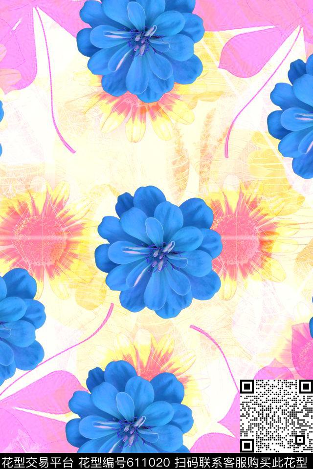 热带花卉时尚流行女装大花数码印花花型下载（图片编号: 611020） - 瓦栏（Walan）