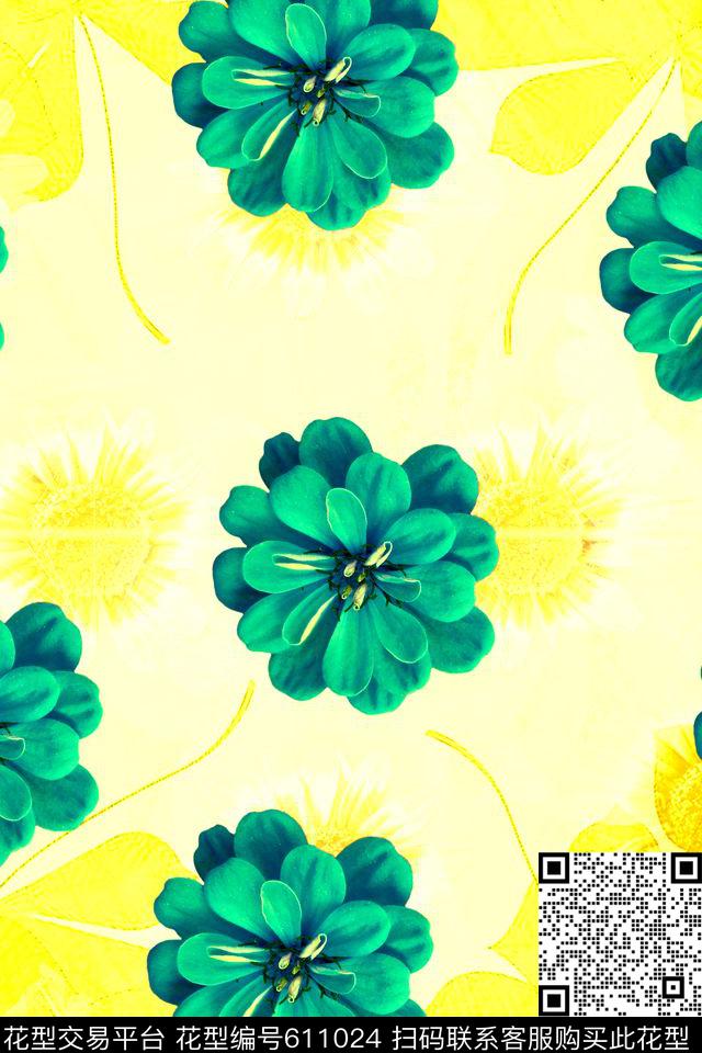 热带花卉时尚流行女装大花数码印花花型下载（图片编号: 611024） - 瓦栏（Walan）