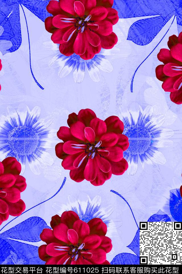 热带花卉时尚流行女装大花数码印花花型下载（图片编号: 611025） - 瓦栏（Walan）