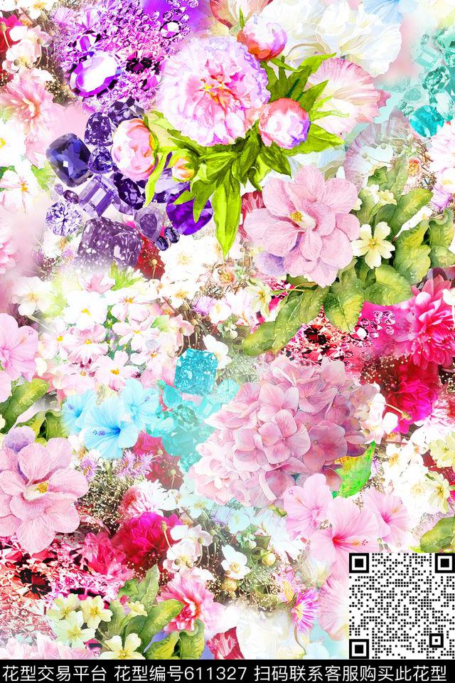 N-0355.jpg - 611327 - 满版花卉 钻石 手绘花卉 - 数码印花花型 － 女装花型设计 － 瓦栏