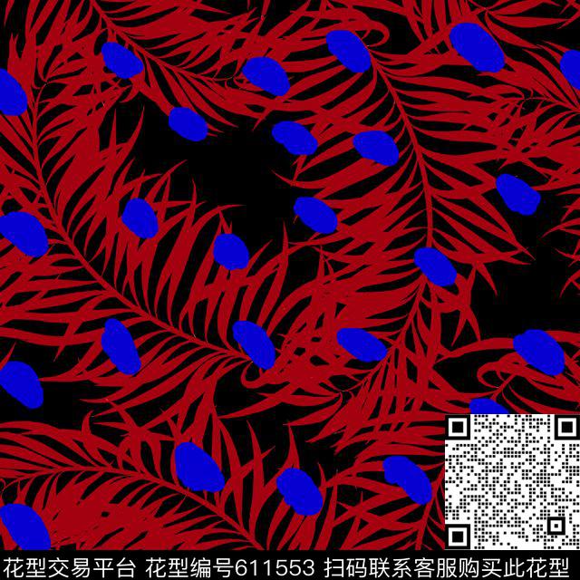 波点中树叶红.jpg - 611553 - 棕榈叶 热带 时尚波点豹纹 - 数码印花花型 － 箱包花型设计 － 瓦栏