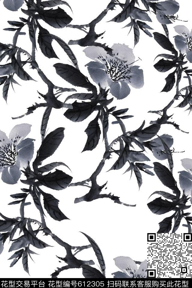 中国风水墨元素数码印花花型下载（图片编号: 612305） - 瓦栏（Walan）