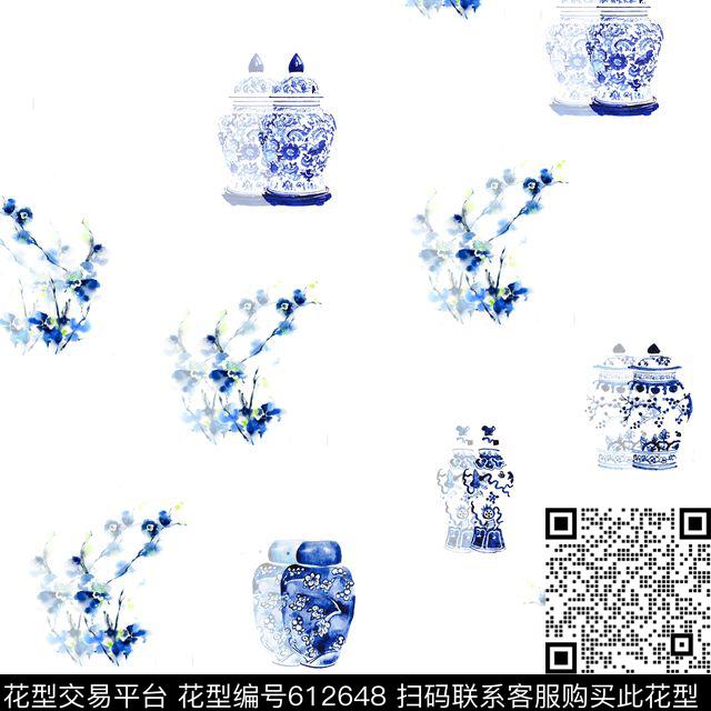 青花瓷花瓶.jpg - 612648 - 青花瓷 中国风 花瓶瓷器 - 数码印花花型 － 窗帘花型设计 － 瓦栏