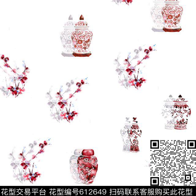 青花瓷花瓶粉.jpg - 612649 - 青花瓷 中国风 花瓶瓷器 - 数码印花花型 － 窗帘花型设计 － 瓦栏