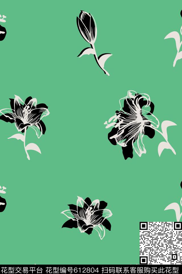 百合散点2.jpg - 612804 - 花卉 百合 散点 - 传统印花花型 － 床品花型设计 － 瓦栏