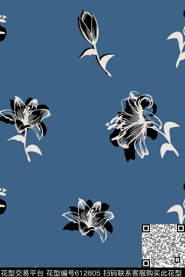 百合散点.jpg - 612805 - 花卉 百合 散点 - 传统印花花型 － 床品花型设计 － 瓦栏