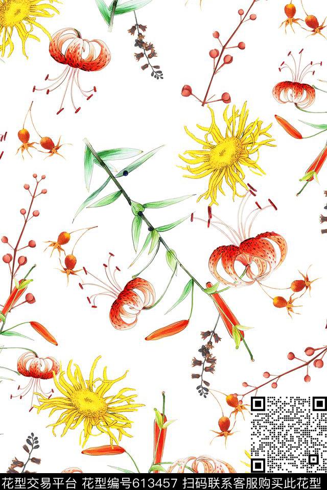 小清新小碎花兰花数码印花花型下载（图片编号: 613457） - 瓦栏（Walan）