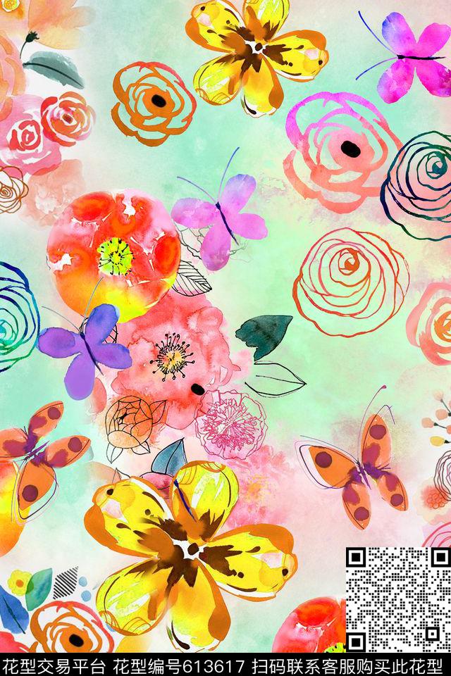 手绘花卉抽象花卉数码印花花型下载（图片编号: 613617） - 瓦栏（Walan）