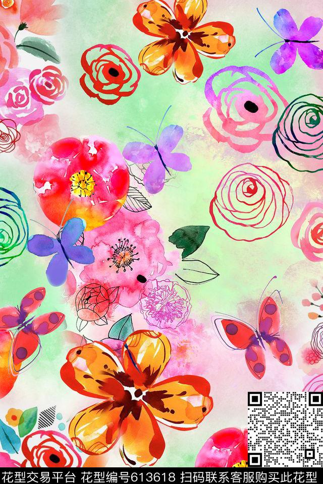 手绘花卉抽象花卉数码印花花型下载（图片编号: 613618） - 瓦栏（Walan）