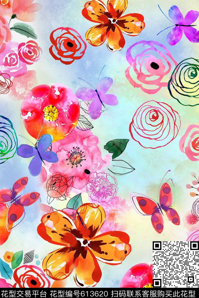手绘花卉抽象花卉数码印花花型下载（图片编号: 613620） - 瓦栏（Walan）