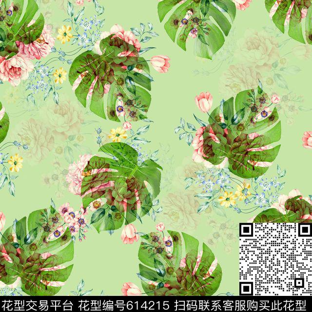 芭蕉叶花卉绿.jpg - 614215 - 棕榈叶 热带 芭蕉叶 - 数码印花花型 － 女装花型设计 － 瓦栏
