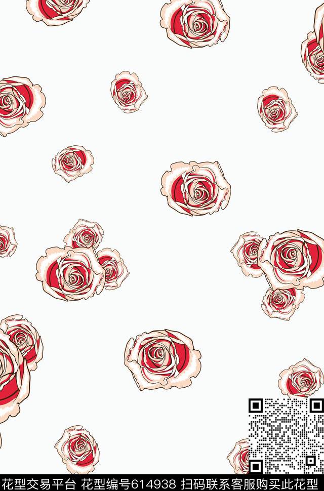 传统色块玫瑰数码印花花型下载（图片编号: 614938） - 瓦栏（Walan）