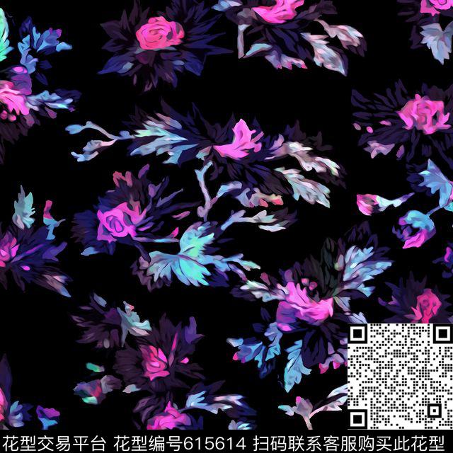 时尚涂鸦花卉女装花型.tif - 615614 - 艺术抽象 花卉 涂鸦 - 数码印花花型 － 女装花型设计 － 瓦栏