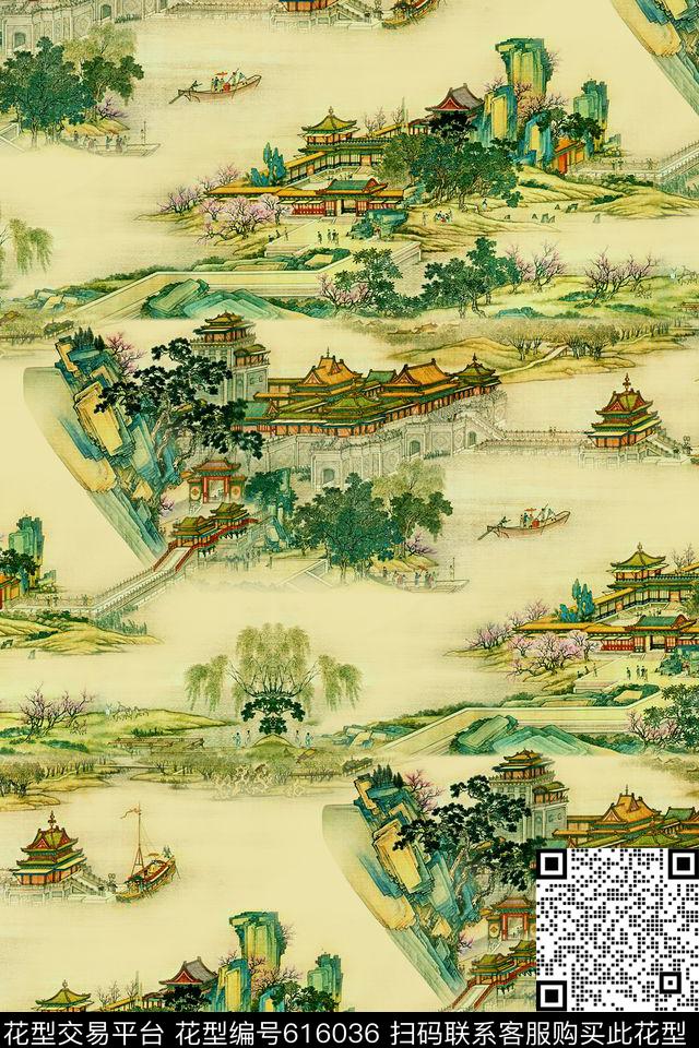 宫廷风国画山水画数码印花花型下载（图片编号: 616036） - 瓦栏（Walan）