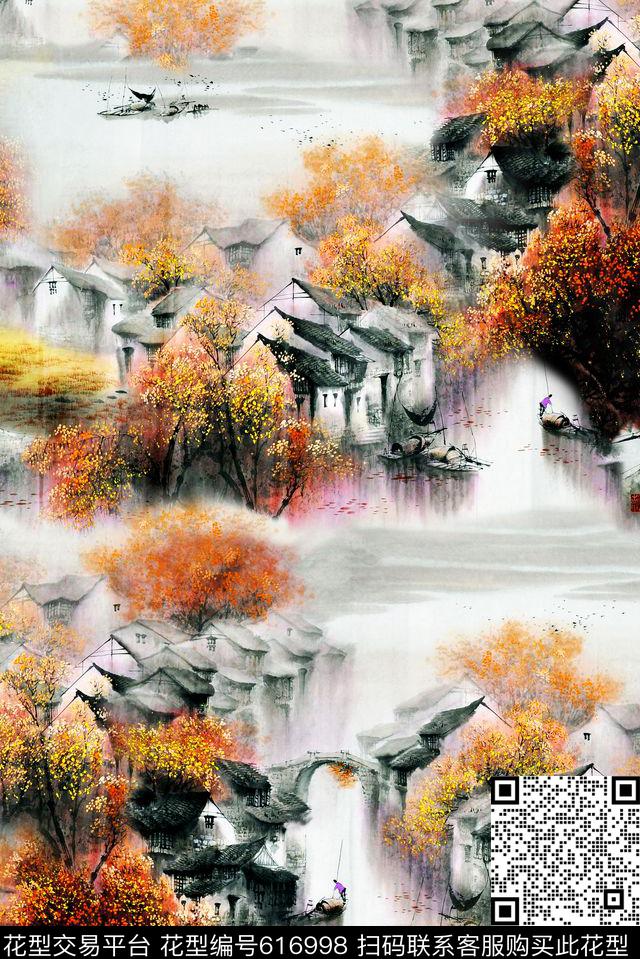 工笔画国画山水画数码印花花型下载（图片编号: 616998） - 瓦栏（Walan）