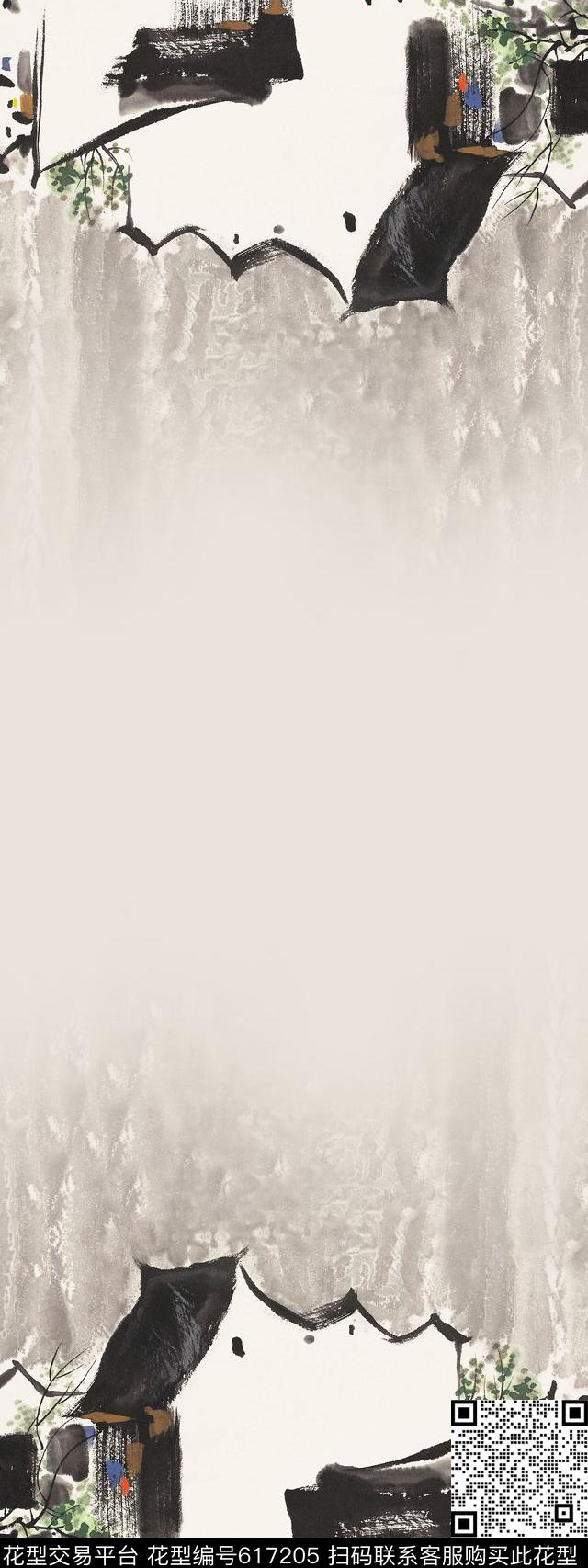 y-0099.jpg - 617205 - 双边定位 旗袍 水墨 - 数码印花花型 － 女装花型设计 － 瓦栏