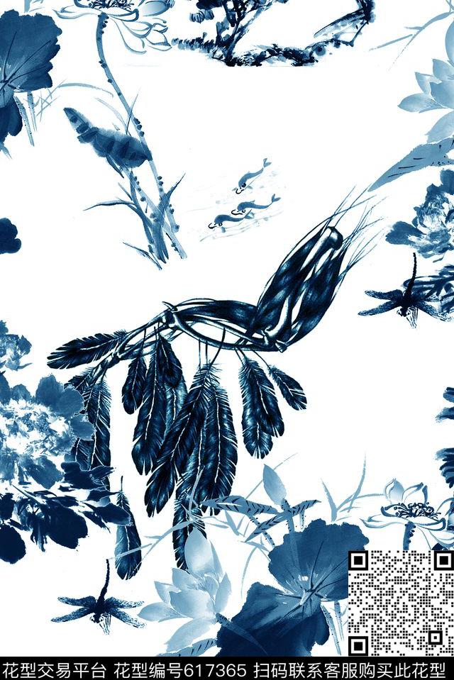蓝色水墨荷花数码印花花型下载（图片编号: 617365） - 瓦栏（Walan）