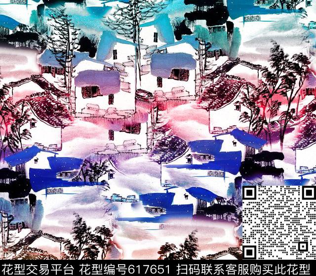 中国风建筑、水墨、渐变色叠加数码印花花型下载（图片编号: 617651） - 瓦栏（Walan）