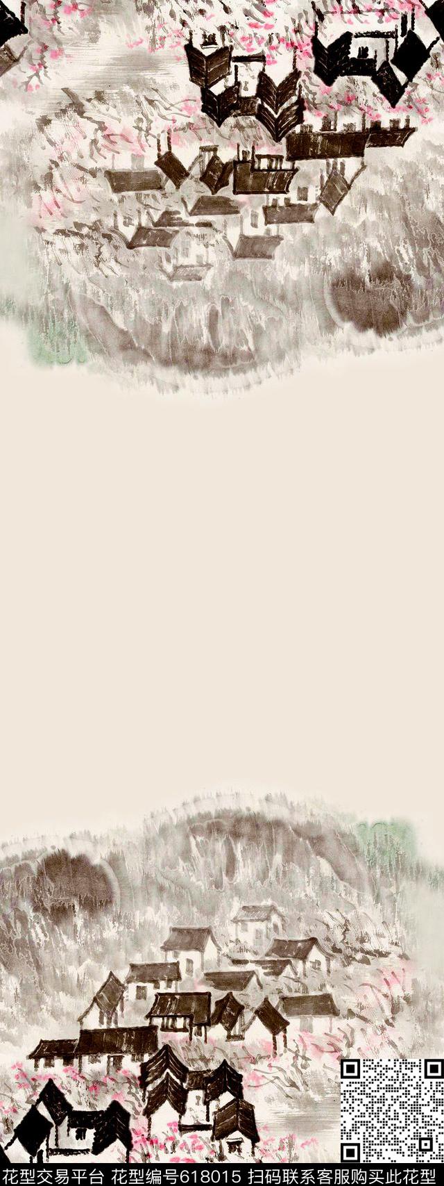 y-0103.jpg - 618015 - 旗袍 双边定位 水墨 - 数码印花花型 － 女装花型设计 － 瓦栏