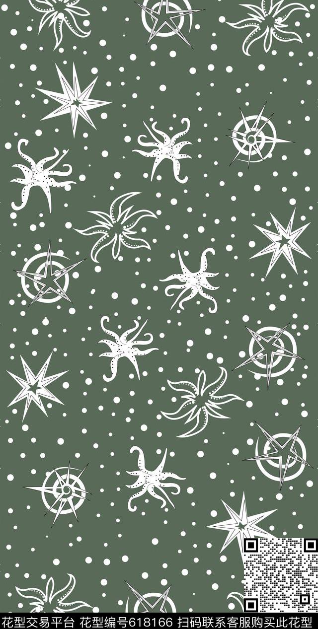 章鱼海星水草定位.jpg - 618166 - 星星 海洋生物 几何 - 传统印花花型 － 长巾花型设计 － 瓦栏