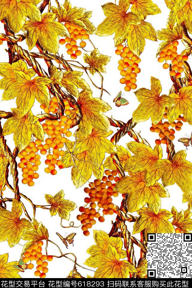 藤蔓简欧浪漫花卉数码印花花型下载（图片编号: 618293） - 瓦栏（Walan）