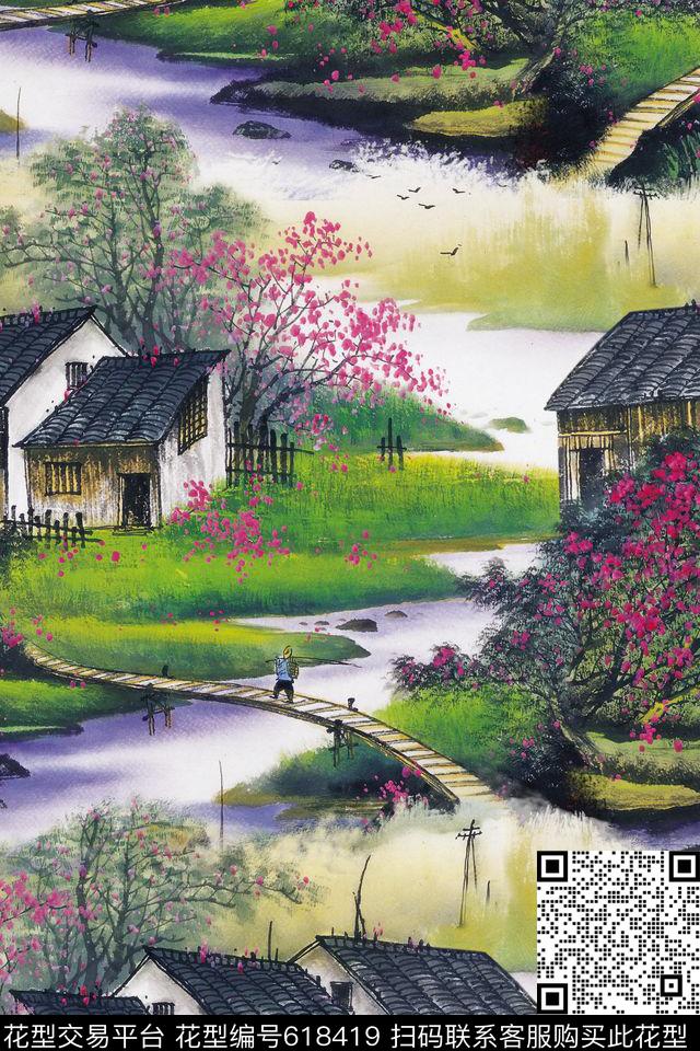 水墨国画山水画数码印花花型下载（图片编号: 618419） - 瓦栏（Walan）
