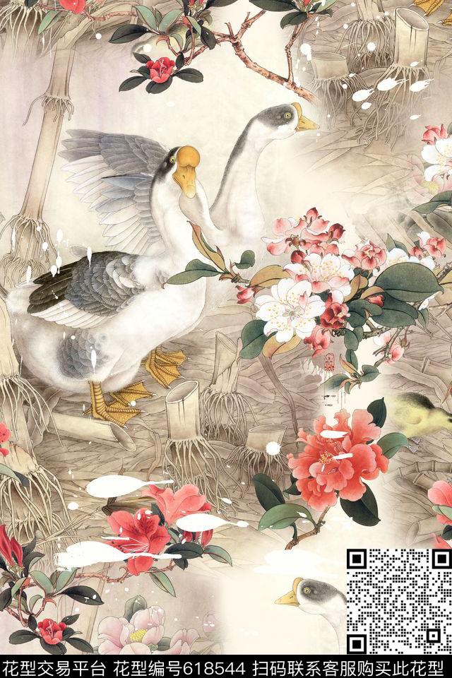 中国风花型.jpg - 618544 - 中国风 笔触 水墨肌理 - 数码印花花型 － 女装花型设计 － 瓦栏