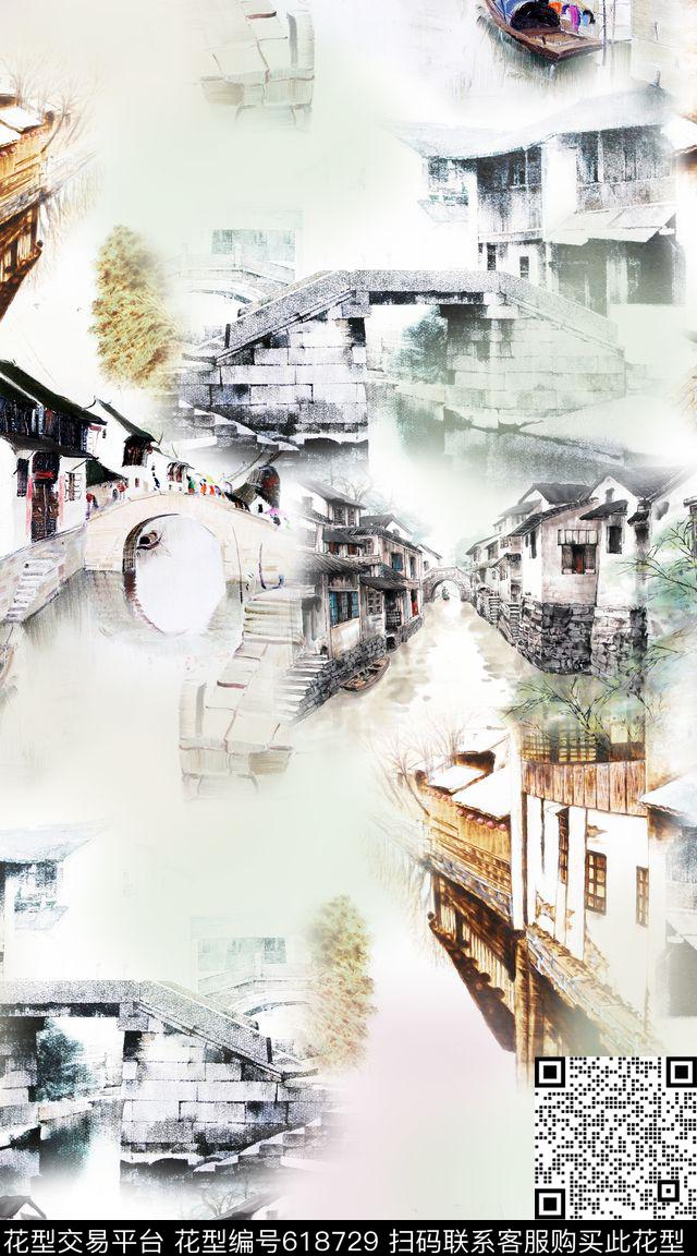 S－00100.jpg - 618729 - 古镇 中国风 风景 - 数码印花花型 － 女装花型设计 － 瓦栏