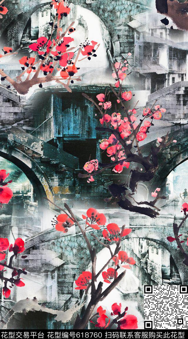 S-0103.jpg - 618760 - 风景 古镇 中国风 - 数码印花花型 － 女装花型设计 － 瓦栏