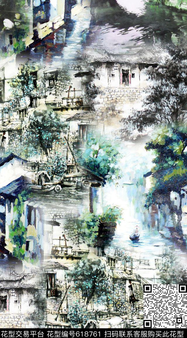 S-102.jpg - 618761 - 中国风 古镇 风景 - 数码印花花型 － 女装花型设计 － 瓦栏
