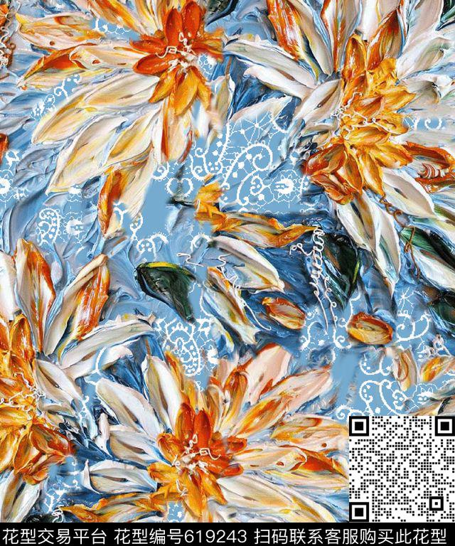 油画印花花卉花卉数码印花花型下载（图片编号: 619243） - 瓦栏（Walan）