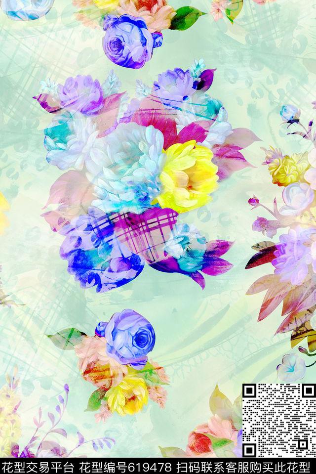清爽朦胧手绘数码印花花型下载（图片编号: 619478） - 瓦栏（Walan）