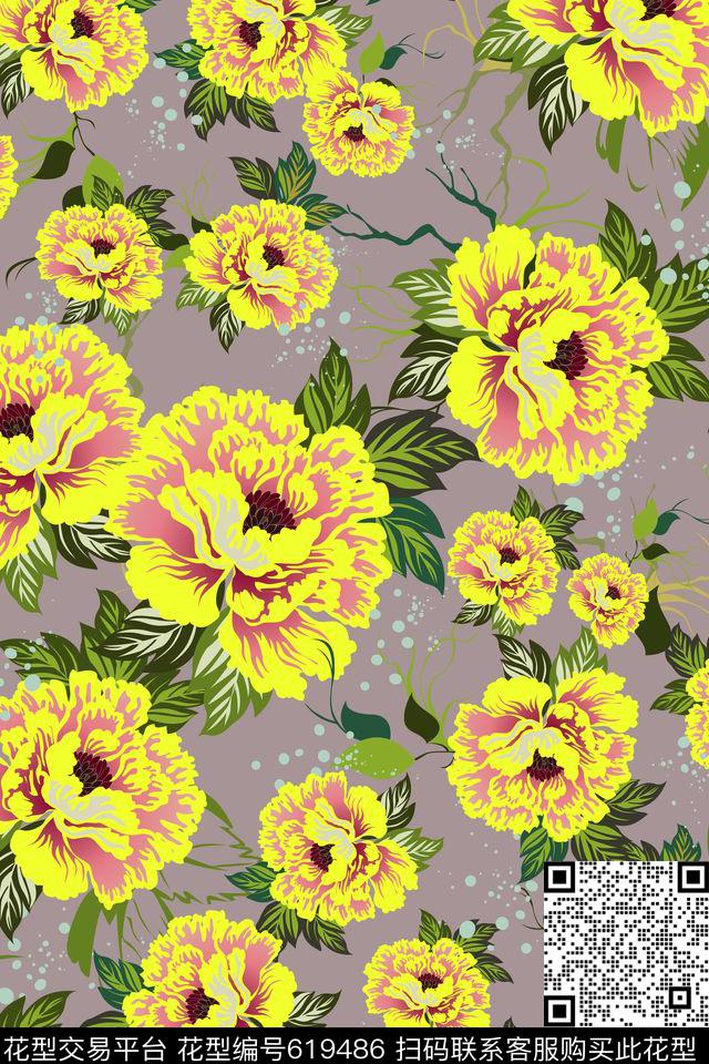 韩版花卉大花手绘花卉传统印花花型下载（图片编号: 619486） - 瓦栏（Walan）