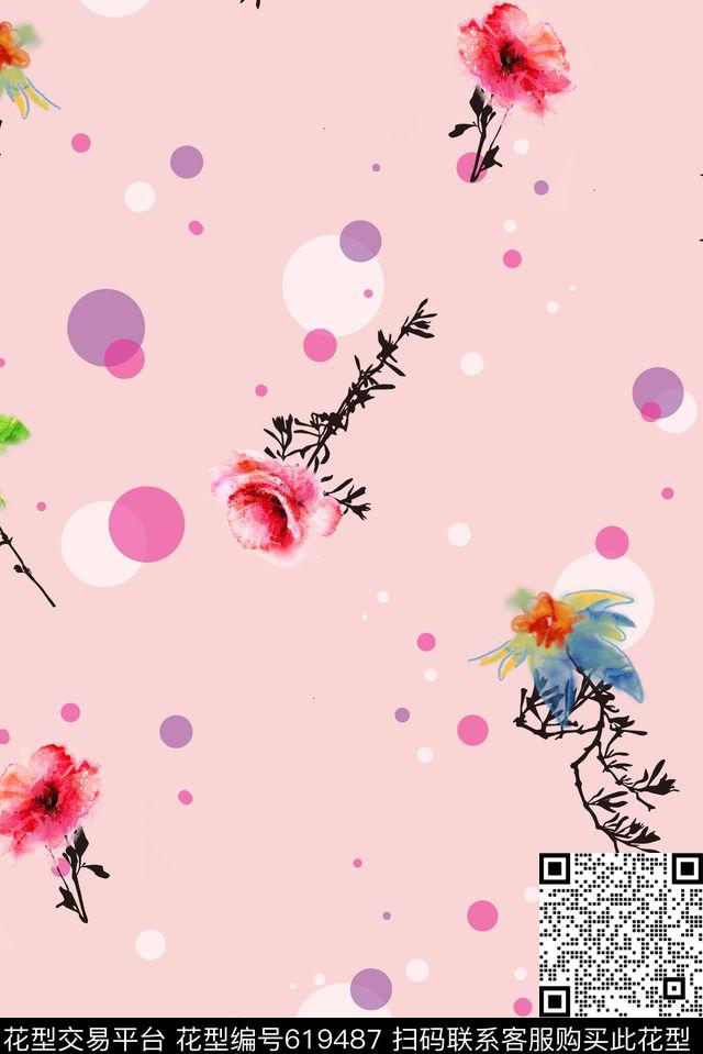 抽象手绘花卉数码印花花型下载（图片编号: 619487） - 瓦栏（Walan）